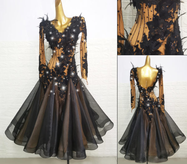 Nude color ballroom and smooth dance dress with black lace