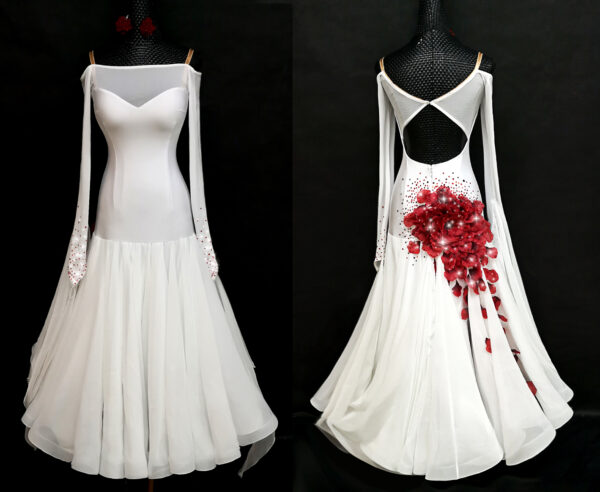 White ballroom and smooth dance dress with red flowers, with or without floats - Image 3