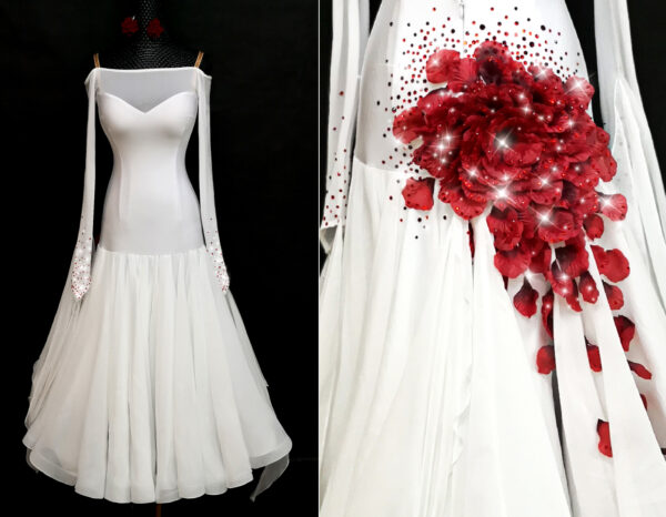 White ballroom and smooth dance dress with red flowers, with or without floats - Image 2