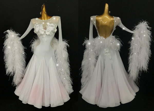 White ballroom and smooth dance dress with feathers and flowers, with or without floats - Image 3