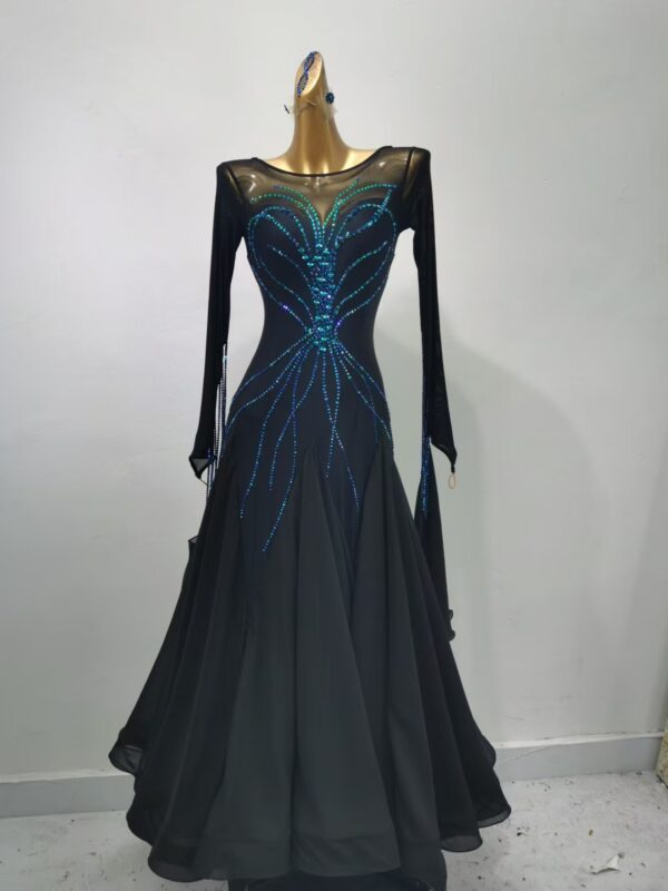 Black ballroom and smooth dance dress with crystals. with or without floats