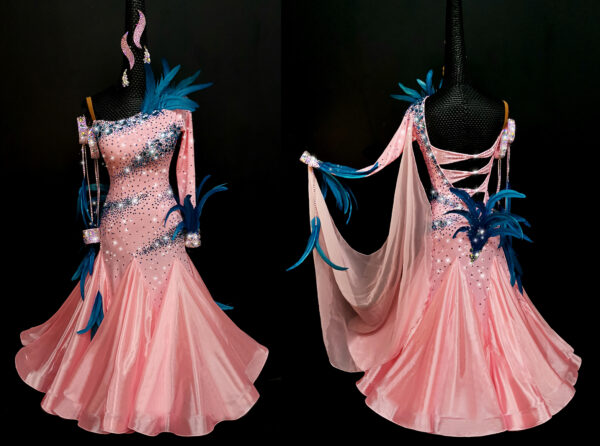 Pink orange ballroom and smooth dress with dark blue feathers, with or without floats - Image 3