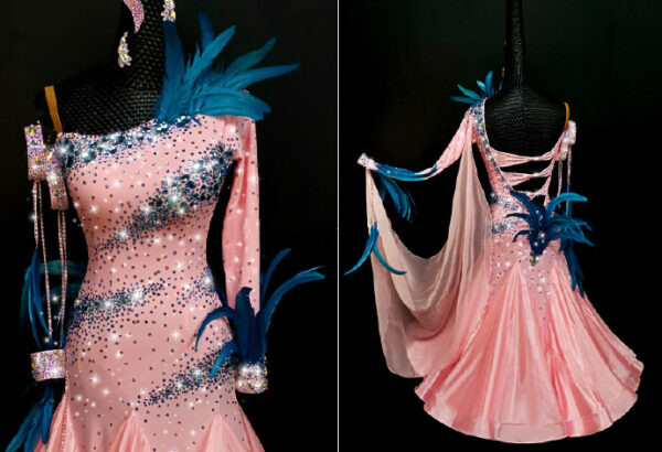 Pink orange ballroom and smooth dress with dark blue feathers, with or without floats - Image 2