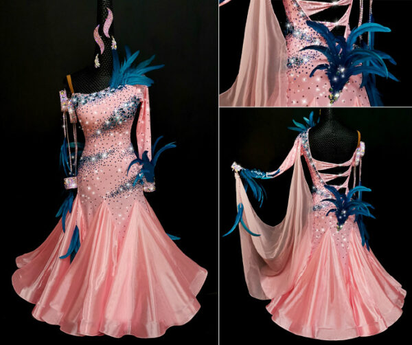 Pink orange ballroom and smooth dress with dark blue feathers, with or without floats