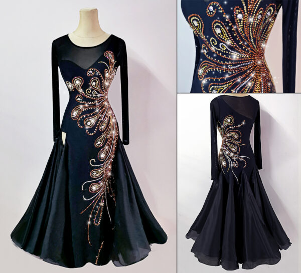 Black ballroom and smooth dance dress with crystals, with or without floats