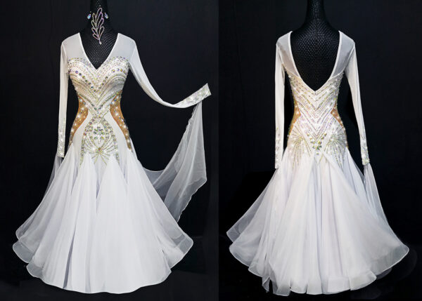 White ballroom and smooth dance dress with crystals, with or without floats - Image 3