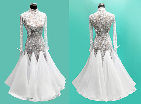 White ballroom and smooth dance dress with lace, with or without floats