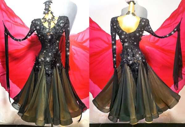 Black ballroom and smooth dance dress with lace, with or without floats