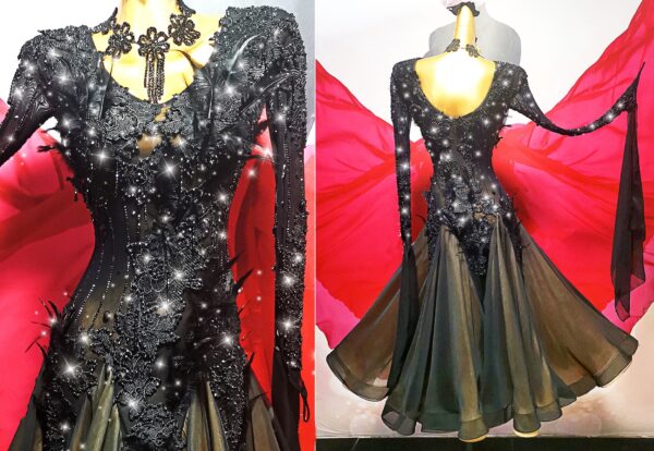 Black ballroom and smooth dance dress with lace, with or without floats - Image 3