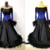 Black ballroom and smooth dance dress with blue appliques and ostrich feathers