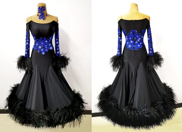 Black ballroom and smooth dance dress with blue appliques and ostrich feathers