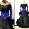 Black ballroom and smooth dance dress with blue appliques and ostrich feathers - Image 3