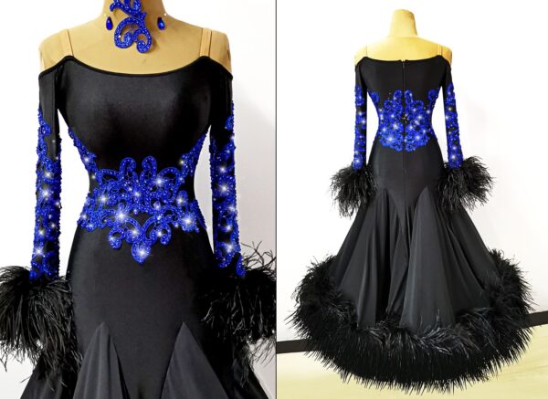 Black ballroom and smooth dance dress with blue appliques and ostrich feathers - Image 3