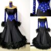 Black ballroom and smooth dance dress with blue appliques and ostrich feathers - Image 2