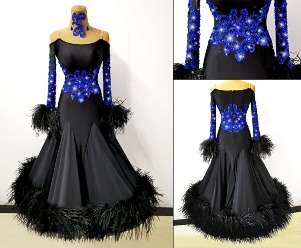 Black ballroom and smooth dance dress with blue appliques and ostrich feathers - Image 2