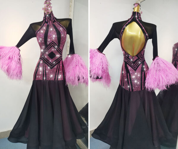 Black ballroom and smooth dance dress with pink crystals and pink ostrich feathers