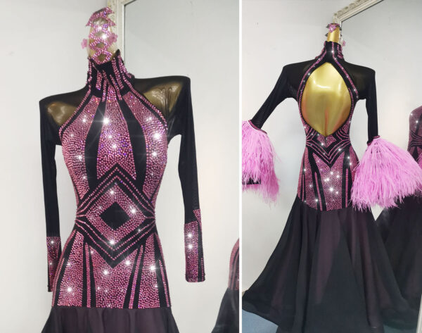 Black ballroom and smooth dance dress with pink crystals and pink ostrich feathers - Image 3