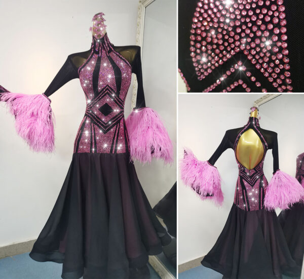 Black ballroom and smooth dance dress with pink crystals and pink ostrich feathers - Image 2