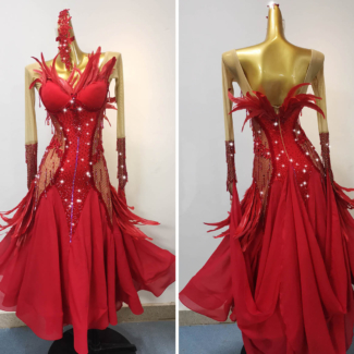 red ballroom dance dress with feathers
