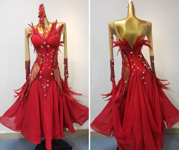 Red ballroom and smooth dance dress with mesh net and feathers, with or without floats