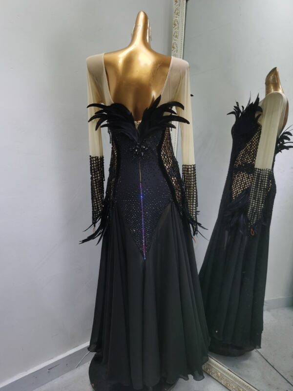 Black ballroom and smooth dance dress with mesh net and feathers, with or without floats - Image 2