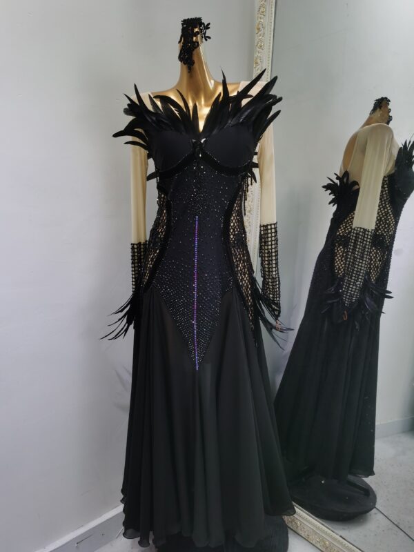 Black ballroom and smooth dance dress with mesh net and feathers, with or without floats