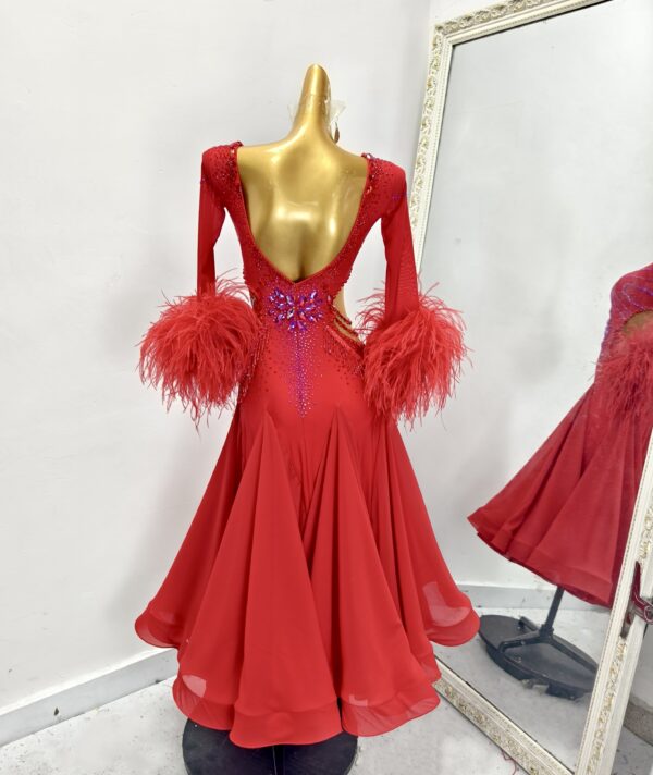 Red ballroom and smooth dance dress with feather floats - Image 2