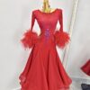 Red ballroom and smooth dance dress with feather floats