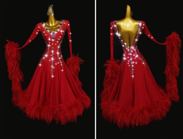 Red ballroom and smooth dance dress with feathers, with or without floats - Image 3