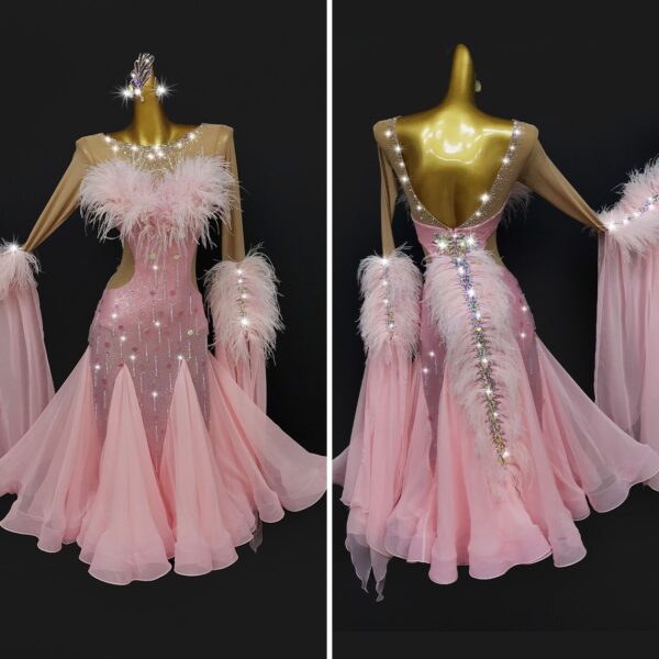 Pink ballroom and smooth dance dress with ostrich feathers and beaded fringe, with or without floats