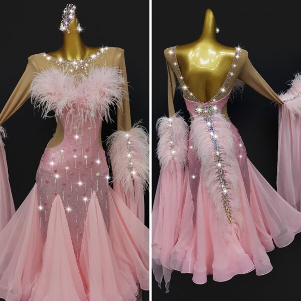 Pink ballroom and smooth dance dress with ostrich feathers and beaded fringe, with or without floats - Image 3
