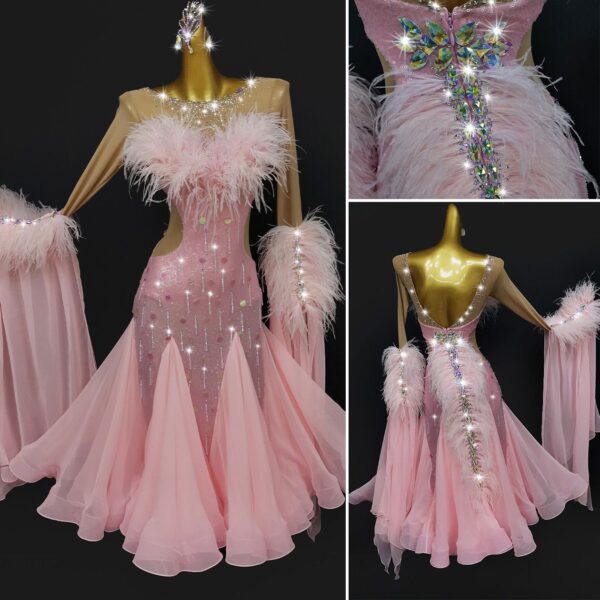 Pink ballroom and smooth dance dress with ostrich feathers and beaded fringe, with or without floats - Image 2