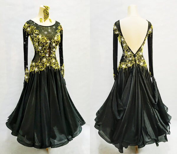 Black ballroom and smooth dance dress with golden color crystals, with or without floats