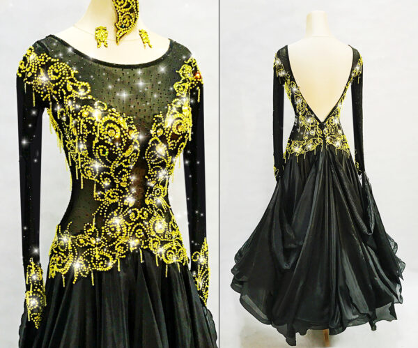 Black ballroom and smooth dance dress with golden color crystals, with or without floats - Image 3