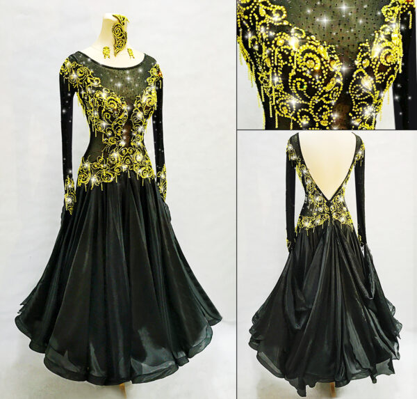 Black ballroom and smooth dance dress with golden color crystals, with or without floats - Image 2