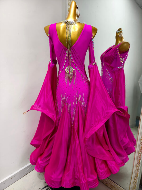 Fuchsia pink ballroom and smooth dance dress with bell sleeves, with or without floats - Image 2