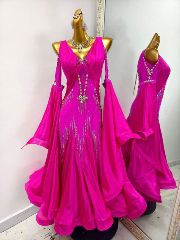 Fuchsia pink ballroom and smooth dance dress with bell sleeves, with or without floats