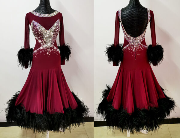 Burgundy ballroom and smooth dance dress with black ostrich feathers