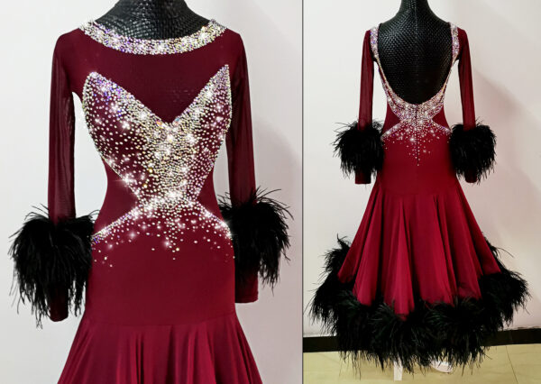 Burgundy ballroom and smooth dance dress with black ostrich feathers - Image 3