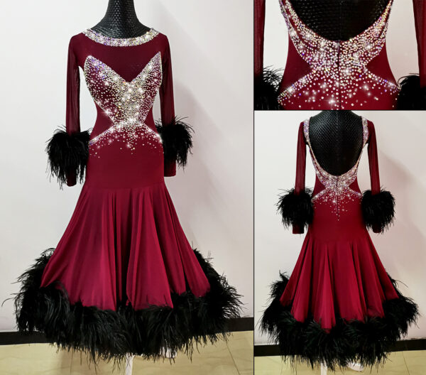 Burgundy ballroom and smooth dance dress with black ostrich feathers - Image 2