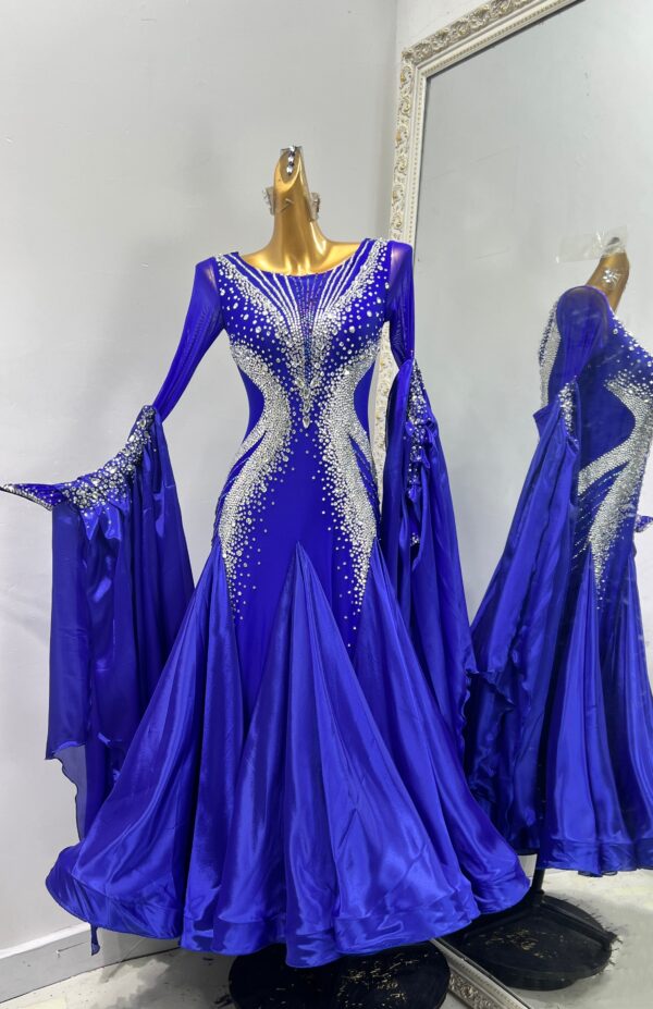 Blue ballroom and smooth dance dress with Swarovski crystals, with or without floats