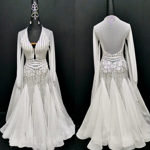 White ballroom and smooth dance dress with stoned lines, with or without floats - Image 3