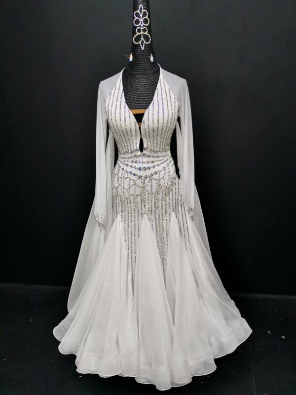 White ballroom and smooth dance dress with stoned lines, with or without floats