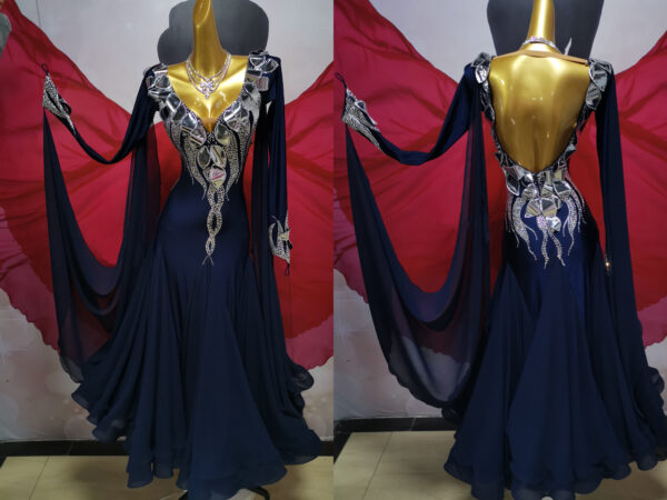 Dark blue ballroom and smooth dance dress, with or without floats