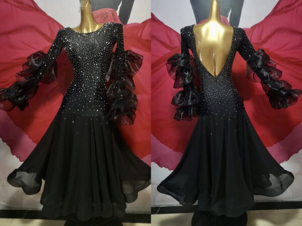 Black ballroom and smooth dance dress with crystals and layered bell sleeves - Image 3