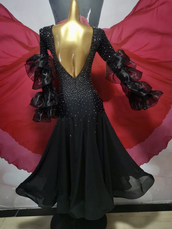 Black ballroom and smooth dance dress with crystals and layered bell sleeves - Image 2