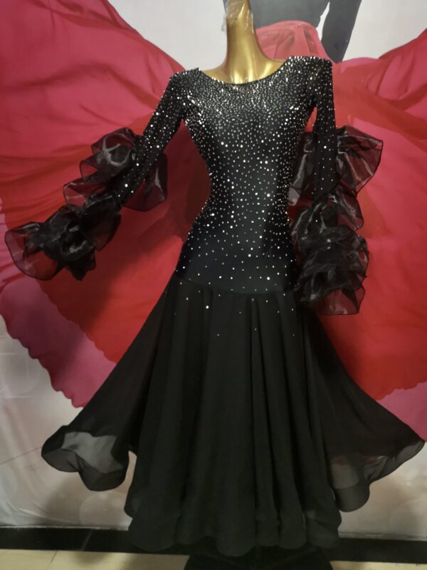 Black ballroom and smooth dance dress with crystals and layered bell sleeves