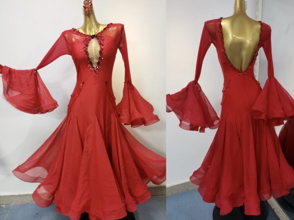 Red ballroom and smooth dance dress with bell sleeves - Image 3