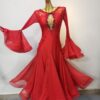 Red ballroom and smooth dance dress with bell sleeves