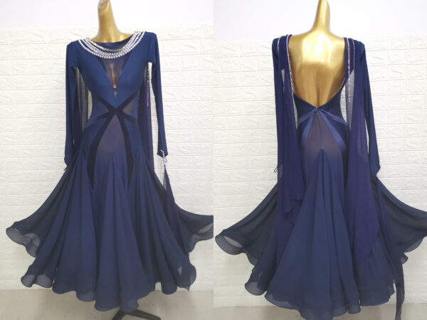 Dark blue ballroom and smooth dance dress with velvet stripes on waist, with or without floats - Image 3